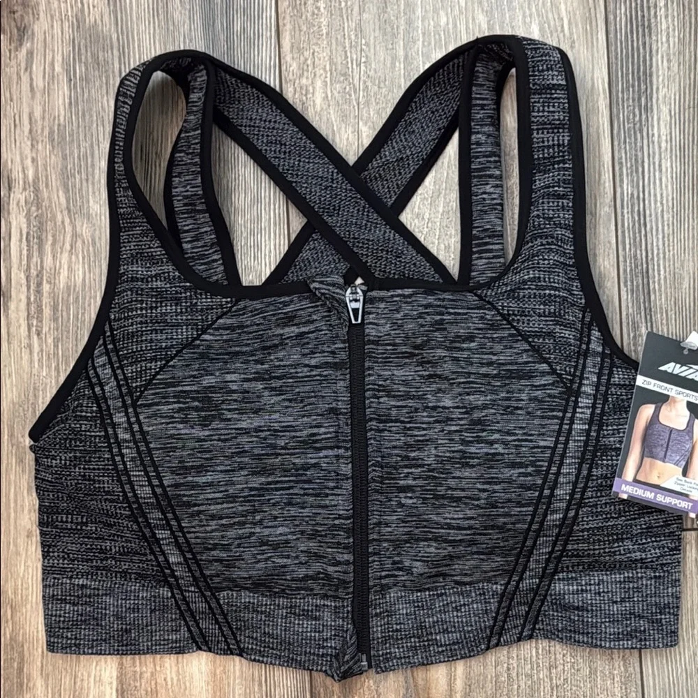 Avia Women's Zip Front Medium Support Sports Bra - Black XXL - NWT